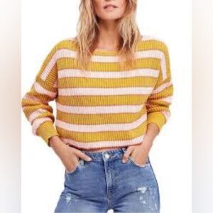 Free People Just My Stripe Yellow and Pink Sweater, Size XS